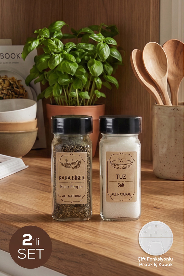 Set of 2 Black Lid Square Glass Spice Jars with Labels - Salt and Pepper Shaker Set