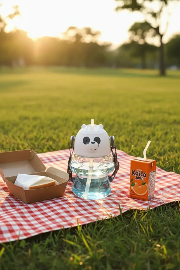 We Bare Bears Licensed Panda Figure Plastic Water Bottle – Children's Water Bottle with Strap and Straw 600 ml