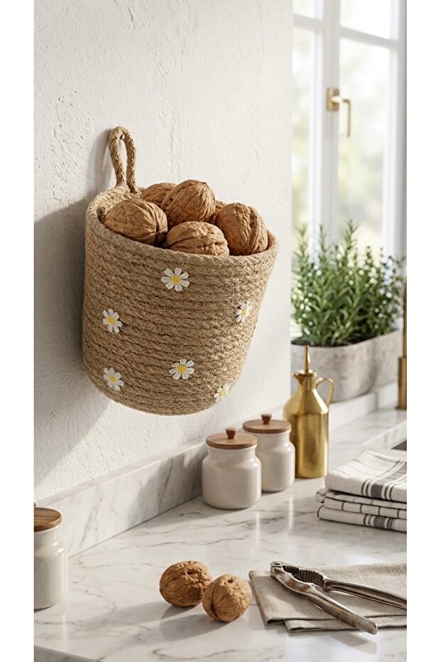 1 Piece Wicker Jute Hanging Basket, Hanging Flower Pot, Hanging Flower Pot, Hanging Organizer Basket