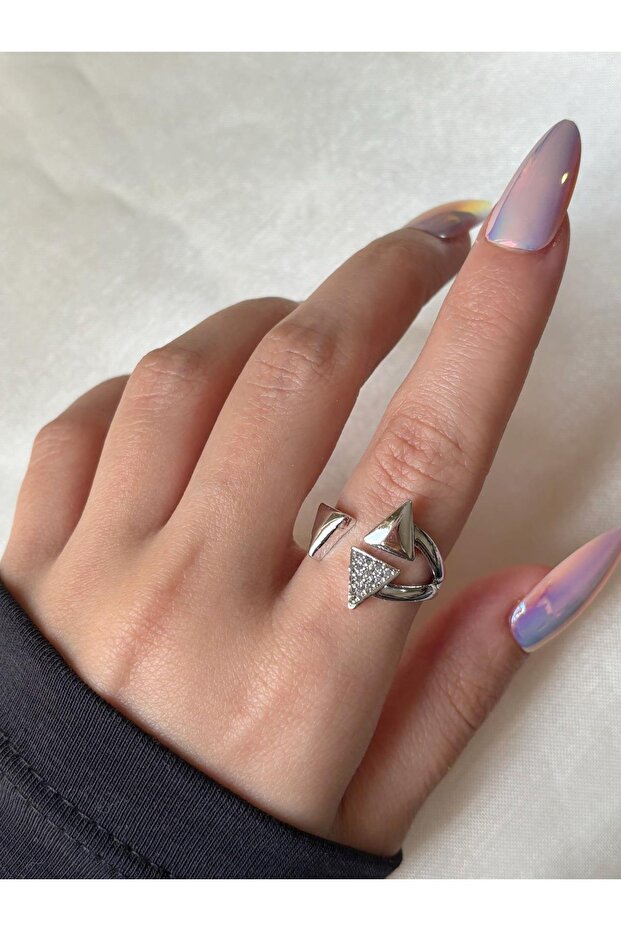 Women's Silver Color Stone Triangle Ring