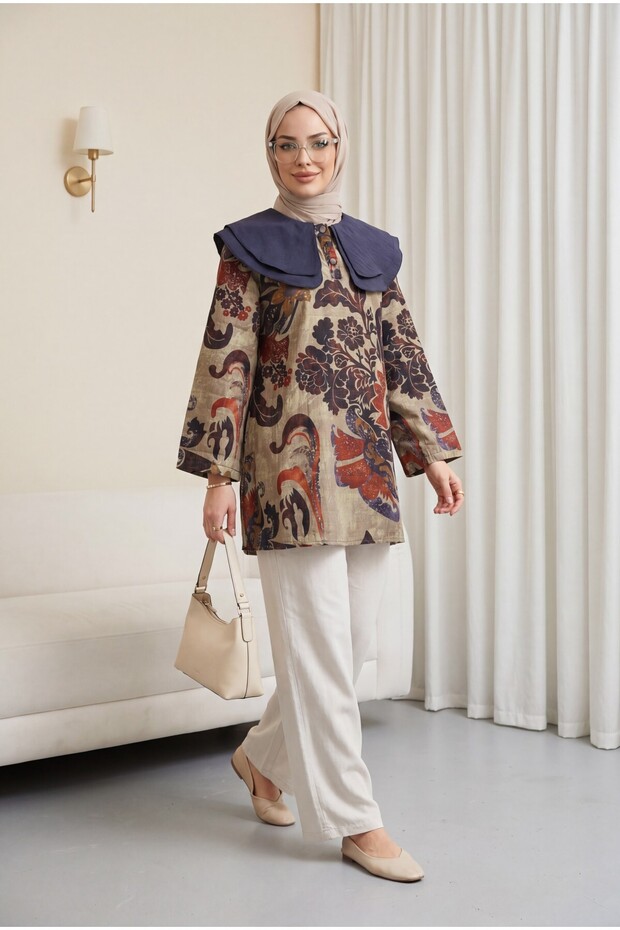 Apron Collar Half Buttoned Slit Quilted Tunic -Beige