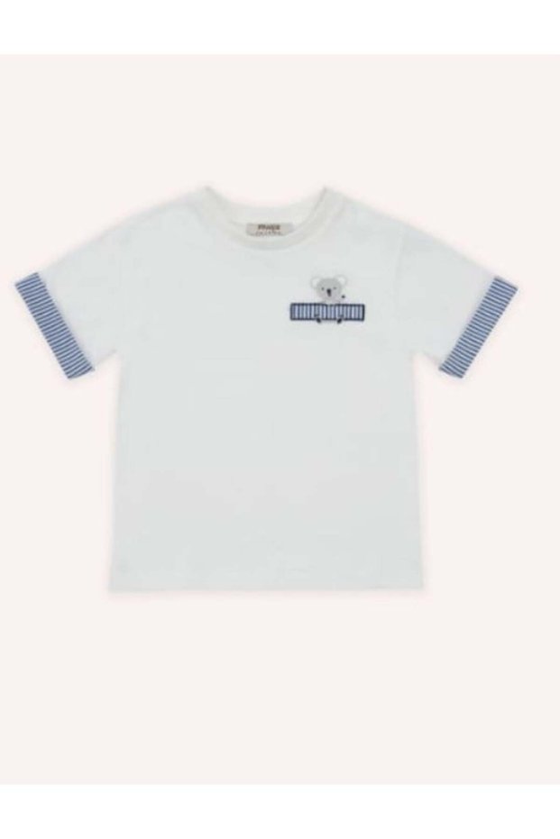 Baby Boy Crew Neck T-Shirt with Striped Sleeve Detail 0-5 Years White