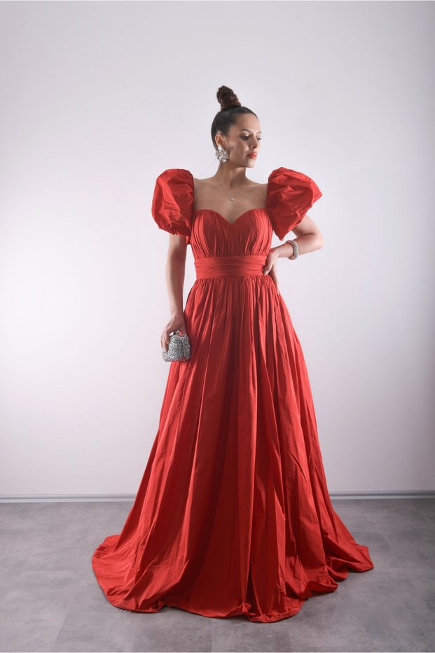 Strapless Balloon Sleeves Draped Lined Puffy Luxury Taffeta Dress
