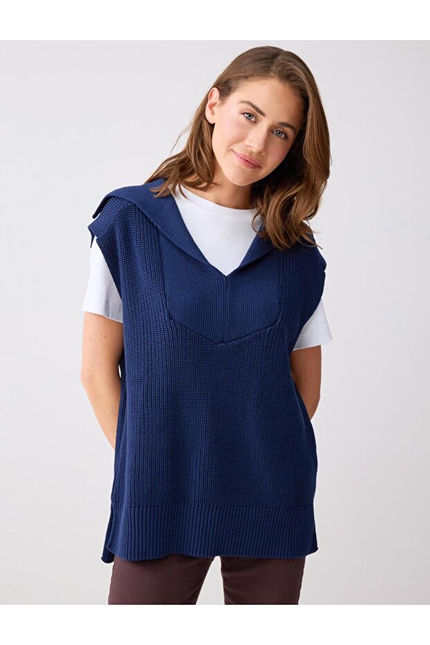 Navy Blue Relaxed Fit V-Neck Knit Sweater