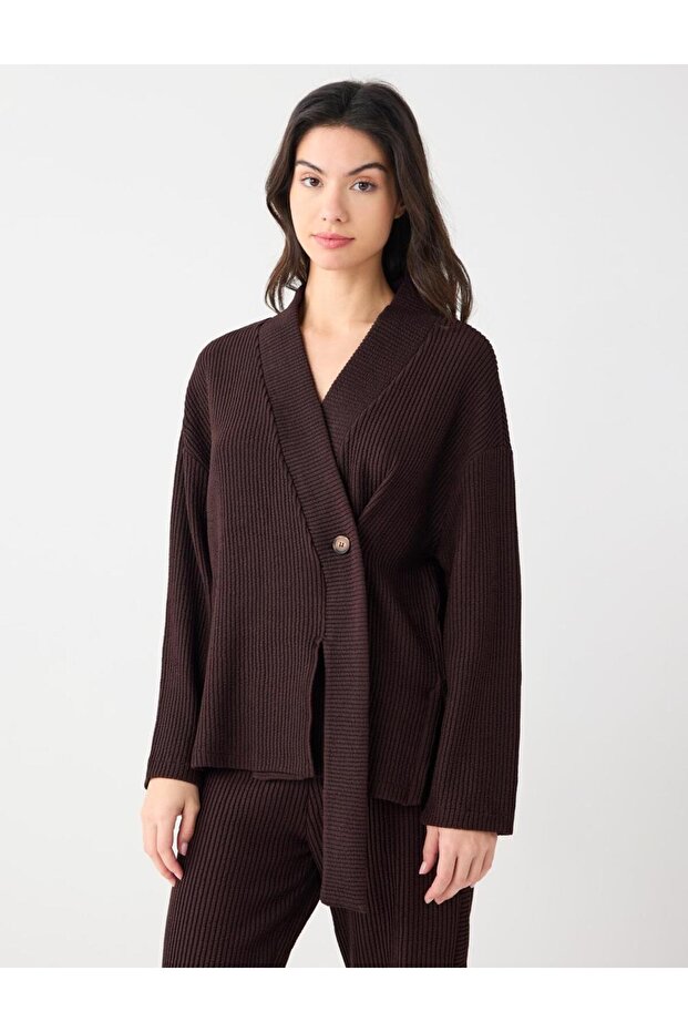 Bitter Brown V-Neck Long Sleeve Button Detailed Knitted Cardigan