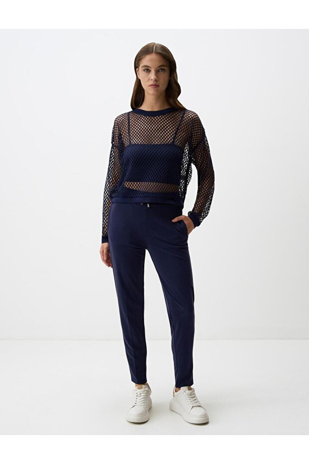 Navy Blue Straight Cut Regular Leg High Waist Knitted Pants