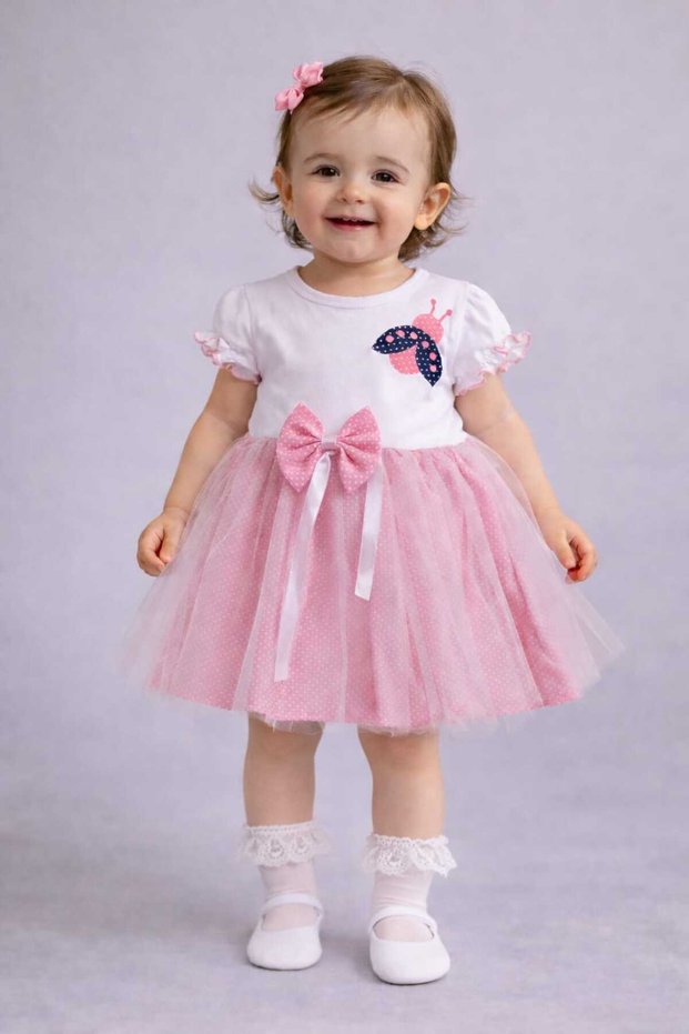 Tulle Lined Ladybug Baby Girl Short Sleeve Dress