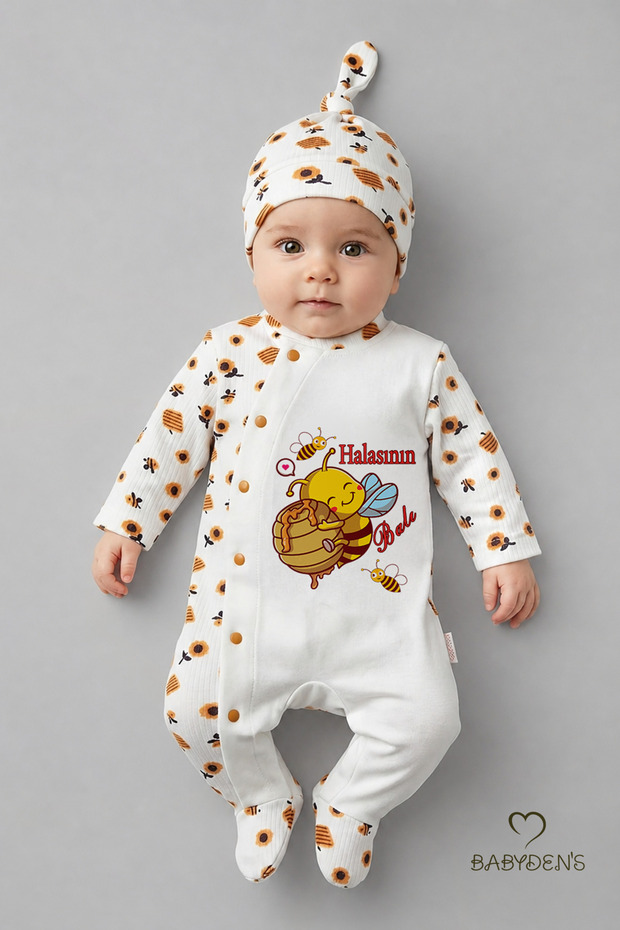 Aunt's Honey Written Newborn Baby Romper Hat Set Bee Patterned 100% Cotton Snap Fastener Baby Romper