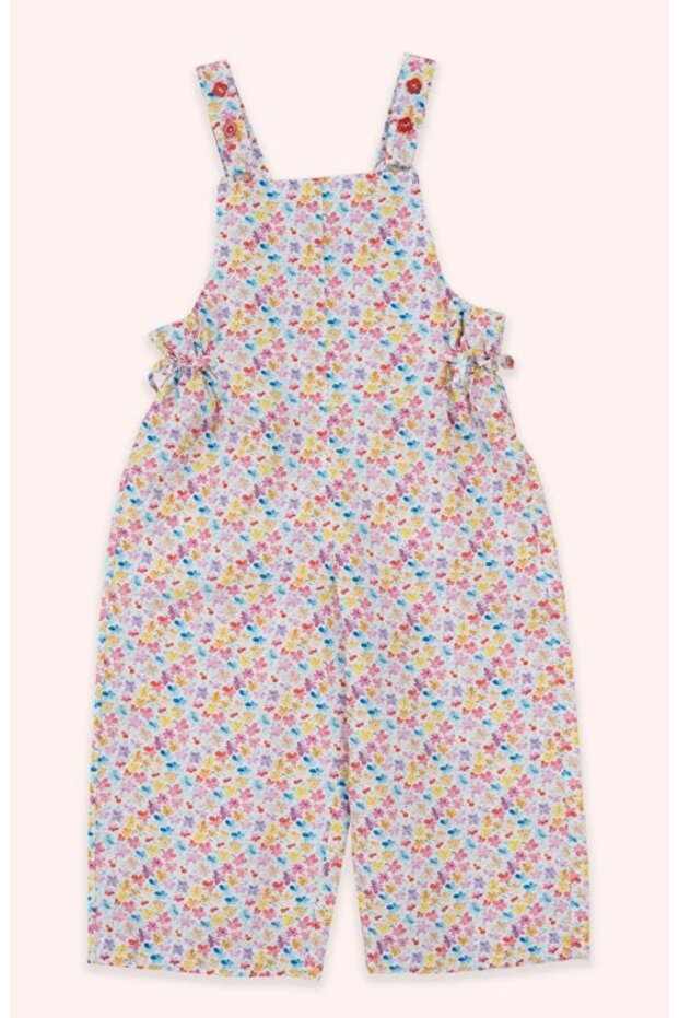 Girl's Patterned Fabric Salopet with Straps and Lace Details, 0-5 Years Old, Colorful