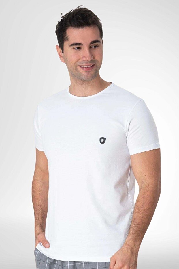Mecit 3013 White Crew Neck Short Sleeve Stretch Fabric Cotton Men's T-Shirt