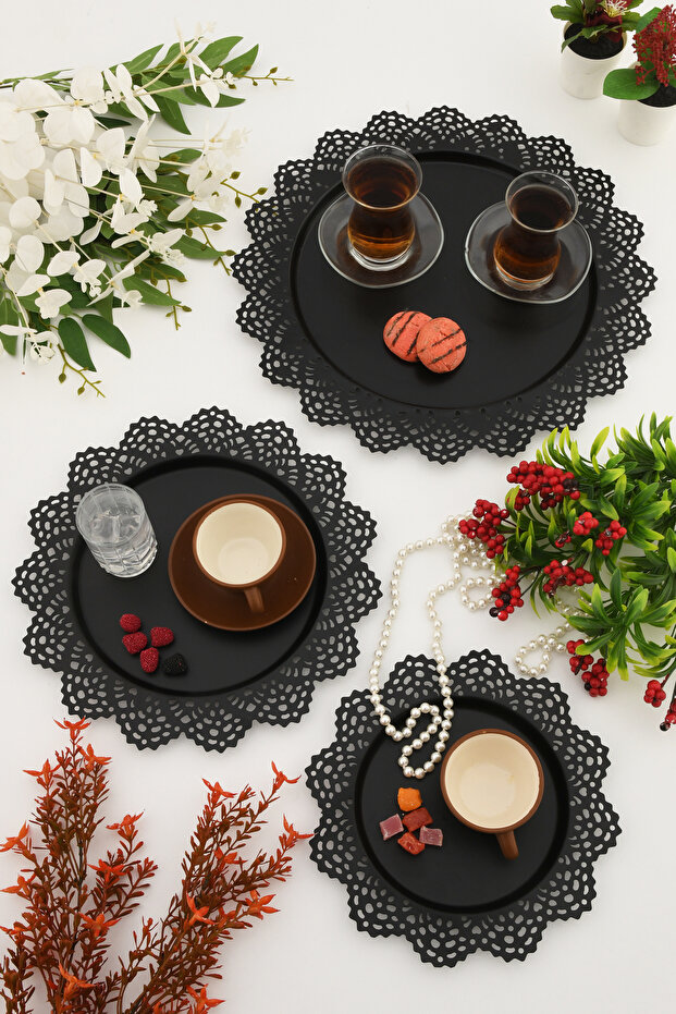 Isabel Black 3-Piece Lace Edged Round Decorative Presentation Tray with Carved Detail