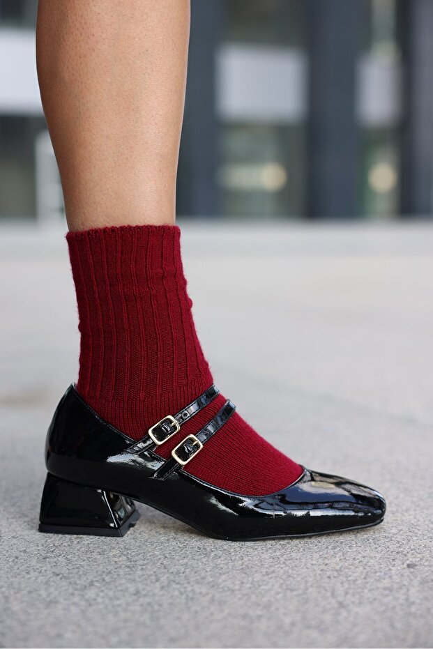 Women's Black Double Belted Retro Heeled Shoes