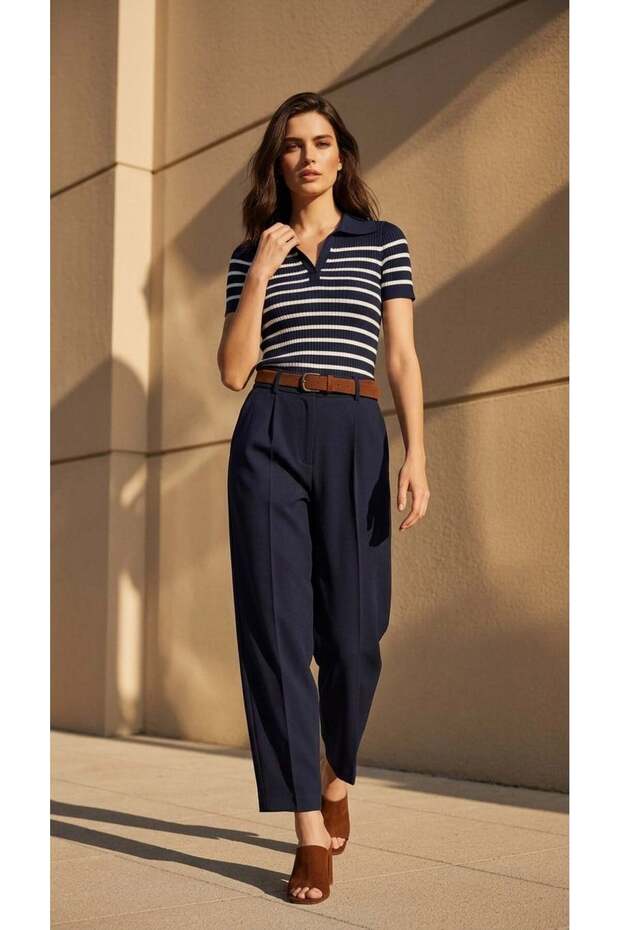 Navy Blue Polo Collar Striped Knitwear Sweater