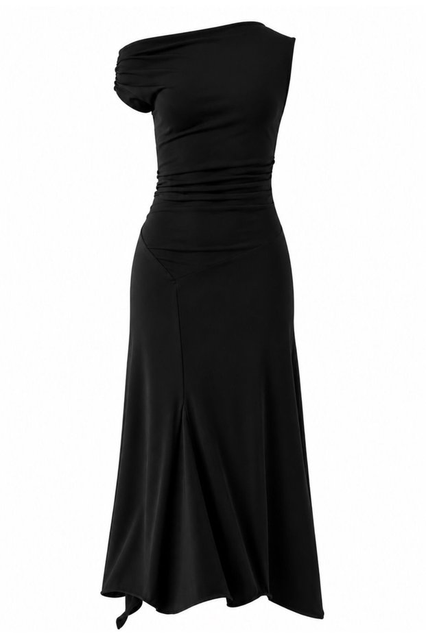 Asymmetric Collar Stretchy Draped Dress