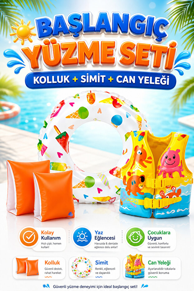Pool and Sea Set – 3-Piece Swimming Learning Set (Arm Sleeves + Swim Ring + Life Vest) 3-6 Years Old