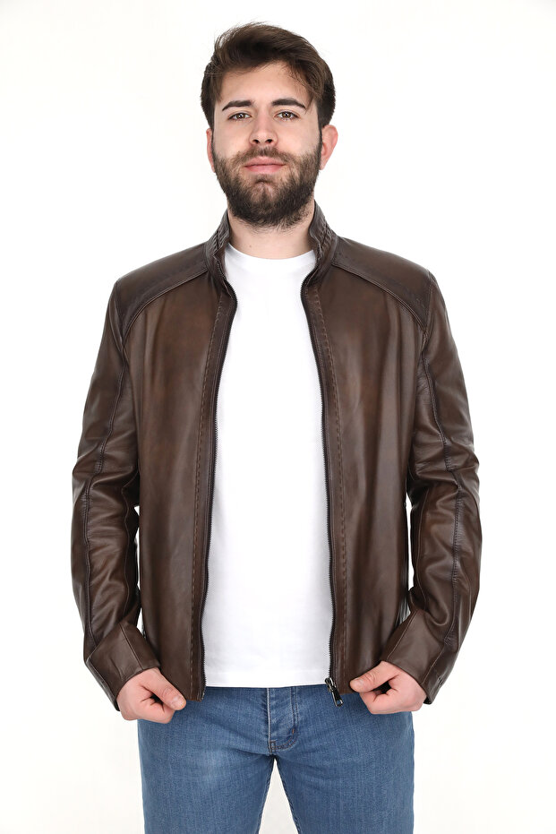 100% Genuine Lambskin Brown Men's Leather Jacket with Puntolo
