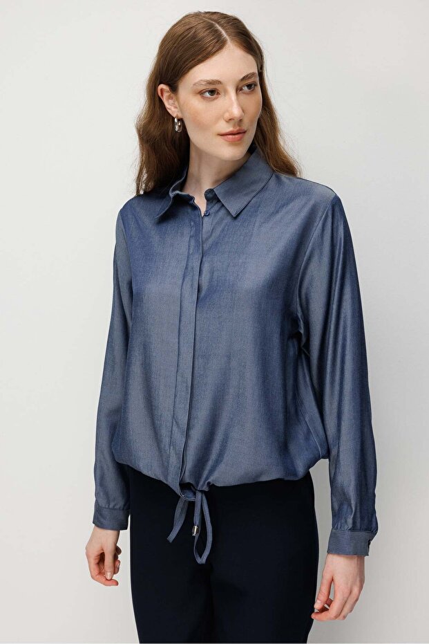 4888 Women's Satin Lace-Up Placketed Shirt Indigo