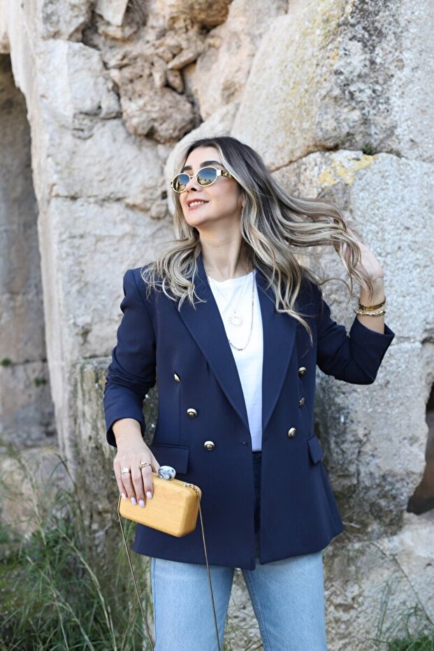 Navy Blue Buttoned Double Breasted Blazer Prive