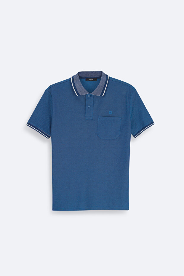 Erkek İndigo Yakası Çizgili Cepli Polo Yaka T-shirt E001031 - 6