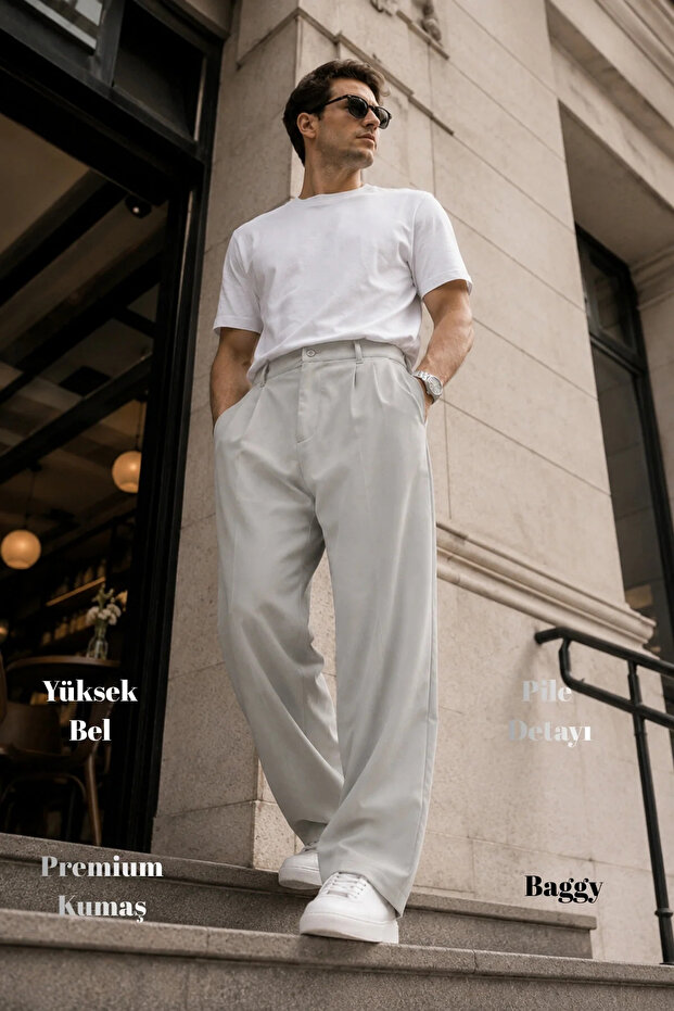 Xcedy Premium Men's High Waist Pleated Baggy Pants Comfortable Wide Cut Flowy C358 Stone