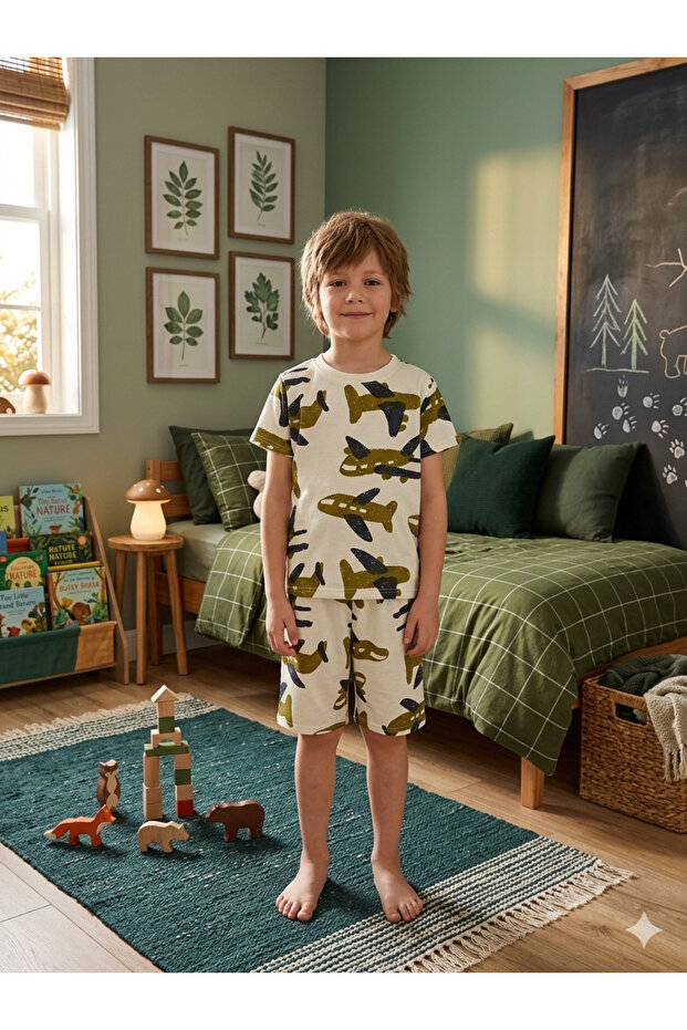 Boys' Cotton Airplane Patterned Off-Green Short-Sleeved Summer Pajama Set