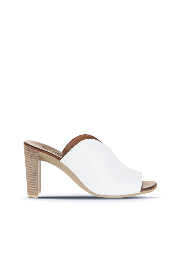 White Leather Women's Heeled Slippers 01Wn4105