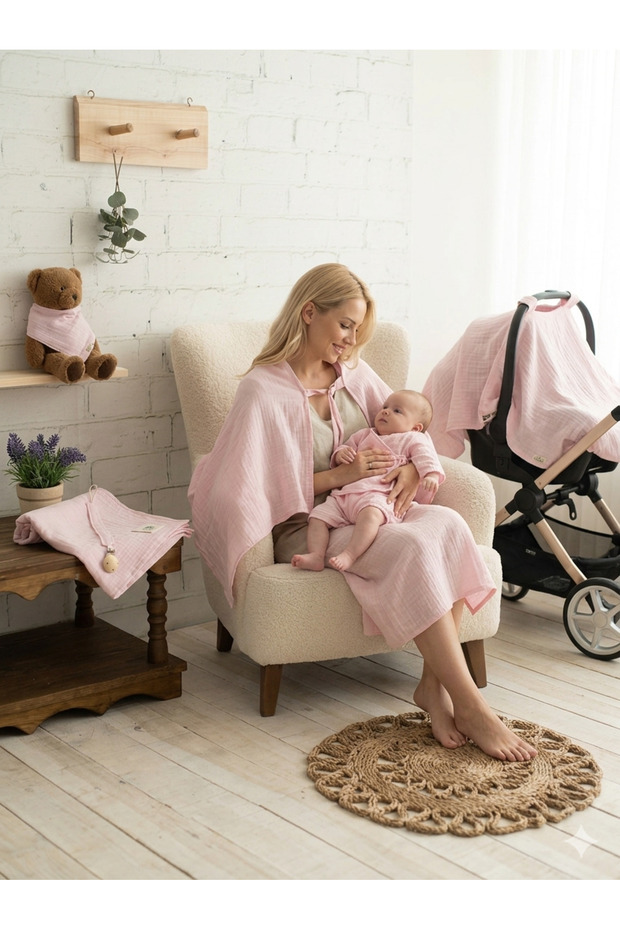 Newborn Baby Stroller Nursing Cover 2in1 Powder 2 Layers Muslin