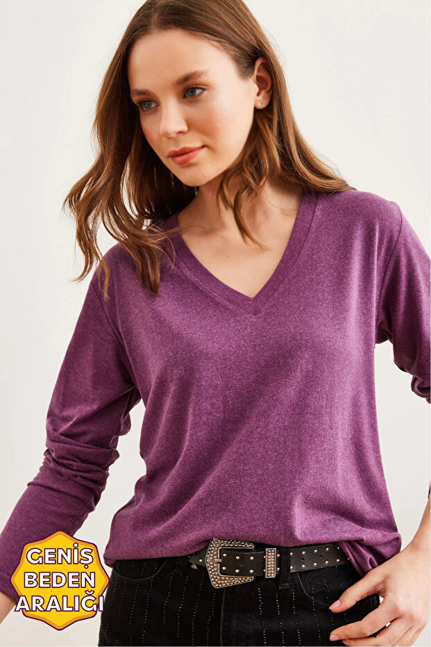 Women's Plum V-Neck Wool Viscose Drapey Blouse BLZ-19002729