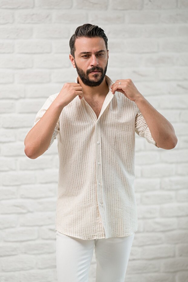 Slimfit Fit Collar Buttoned Striped Summer Seersucker Fabric Men's Shirt