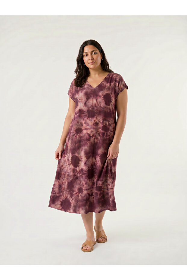 Women's Eggplant Purple Tie Dye Pattern Viscose V-Neck Midi Dress Plus Size Summer