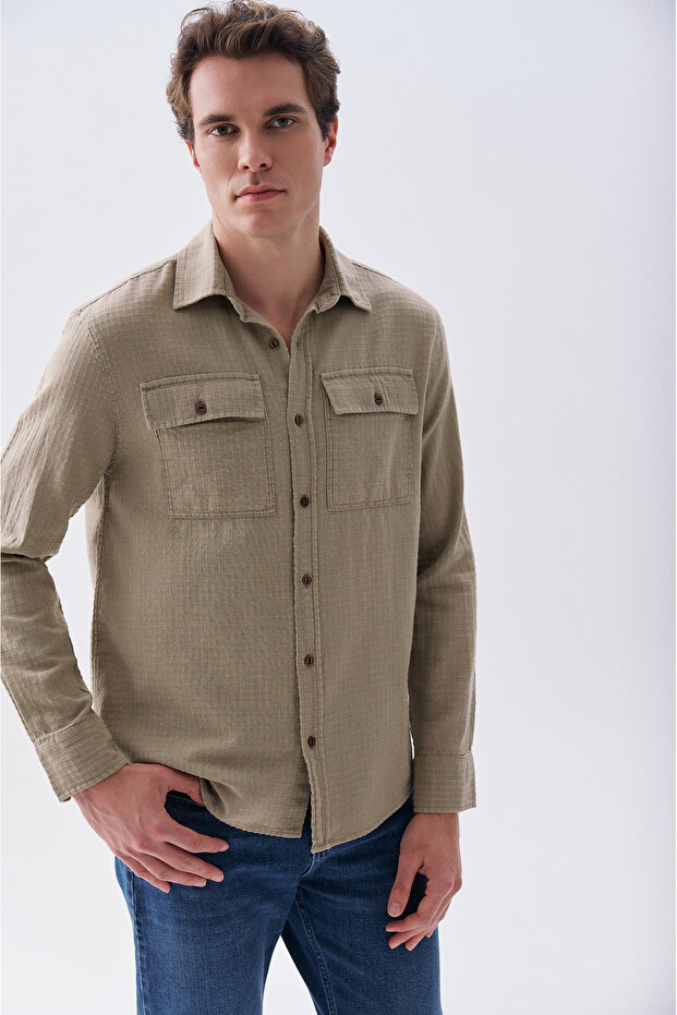 Men's Beige Comfort Fit Double Pocket Long Sleeve Shirt