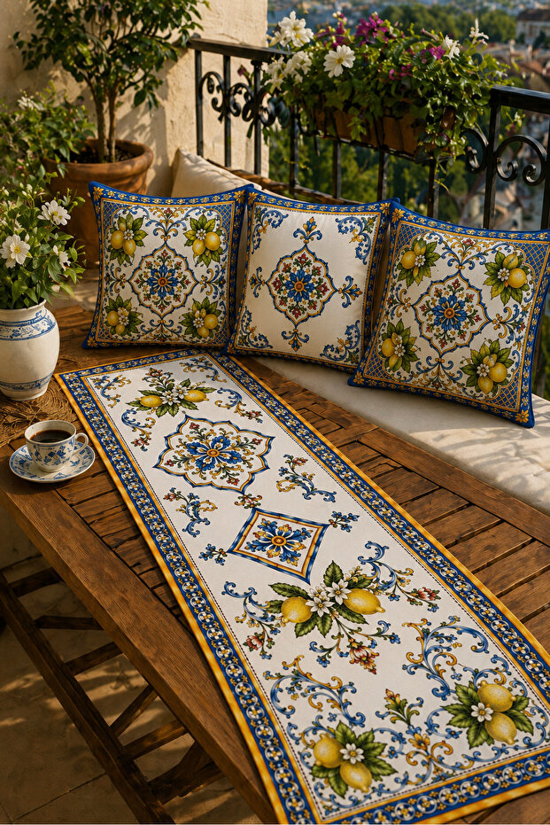 Mediterranean Tile Lemon Pattern Runner and Cushion Cover Set Digital Printed Decorative Home Textile