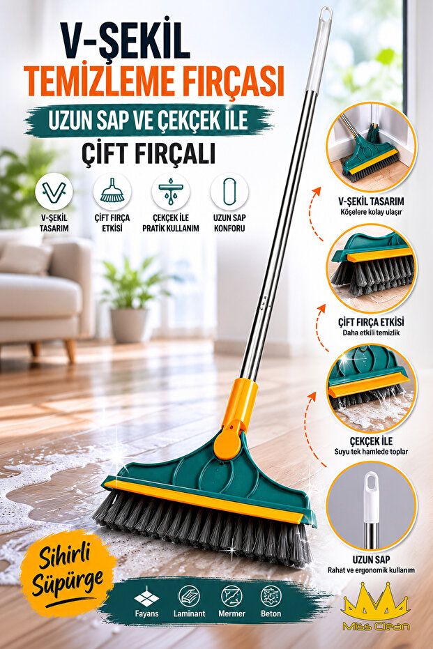 V-shape Cleaning Brush Floor Scrub Magic Broom Double Brushed With Long Handle And Squeegee
