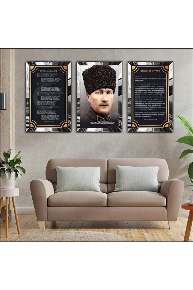 Mustafa Kemal Atatürk Triple Mdf Painting Set with Silver Mirrored Plexiglass Frame