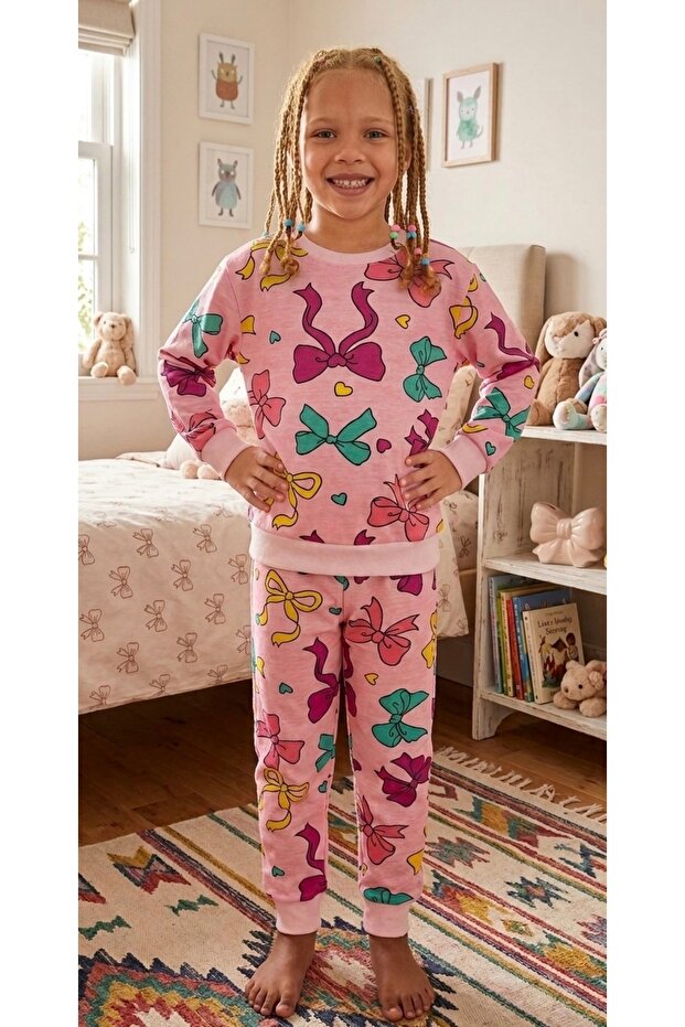 Girls' Cotton Brushed Inside Pink Ribbon Patterned Long Sleeve Pajama Set