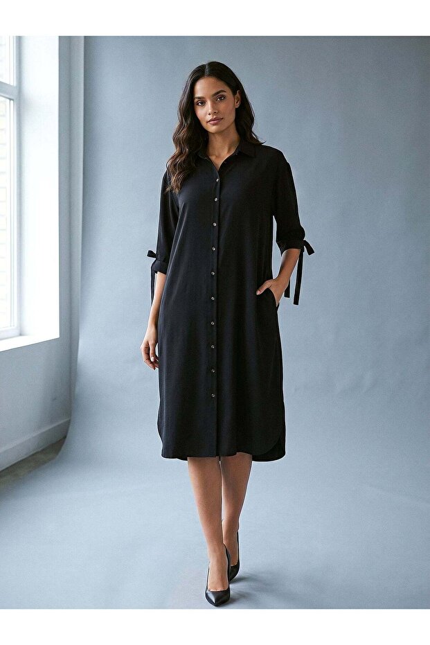 Women's Black Buttoned Shirt Dress – Linea Fit | Flowing Form | Breathable Woven