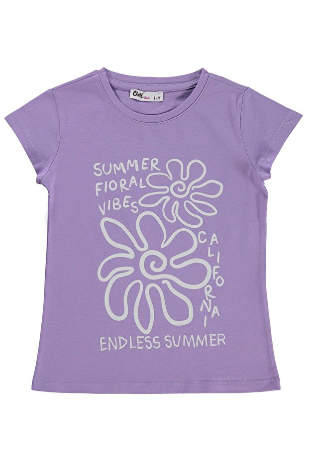 Summer Floral Vibes Printed 6-9 Years Old T-Shirt - Lilac 9-10 Years Old