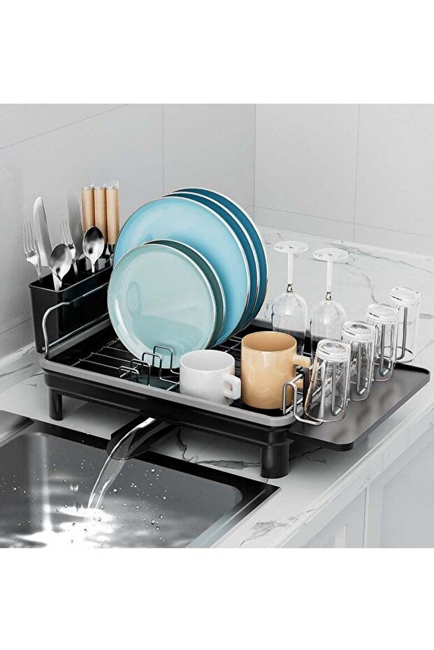 Stainless Steel Dish Drying Rack with Rotatable Spout, Compact with Drainboard & Utensil Holder