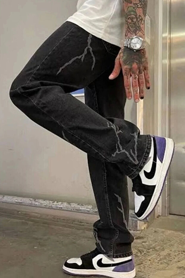 Baggy Lightning Patterned Jeans Denim Trousers Dark Gray Oversize Loose Street Style Denim