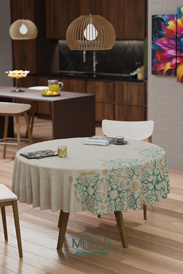 Ramadan Water Green Patterned Suede Fabric Care Free Round Tablecloth Ramadan