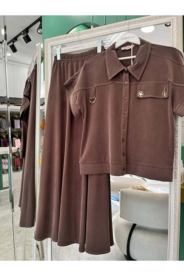 Vatkatex Liyosil Cupra Vest and Skirt Set - Light Brown - 46