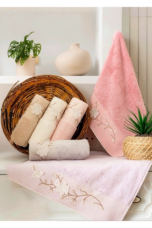 Yasemin 50X90 100% Cotton 3D Embroidered Boxed Set of 6 Hand Face Towels