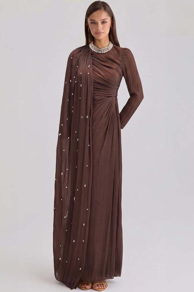 Stone and Flywheel Detailed Cape Yoryo Silk Hijab Evening Dress Brown 1257