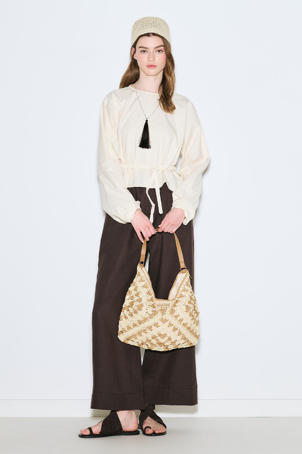 Patterned Wicker Handbag Beige - 2
