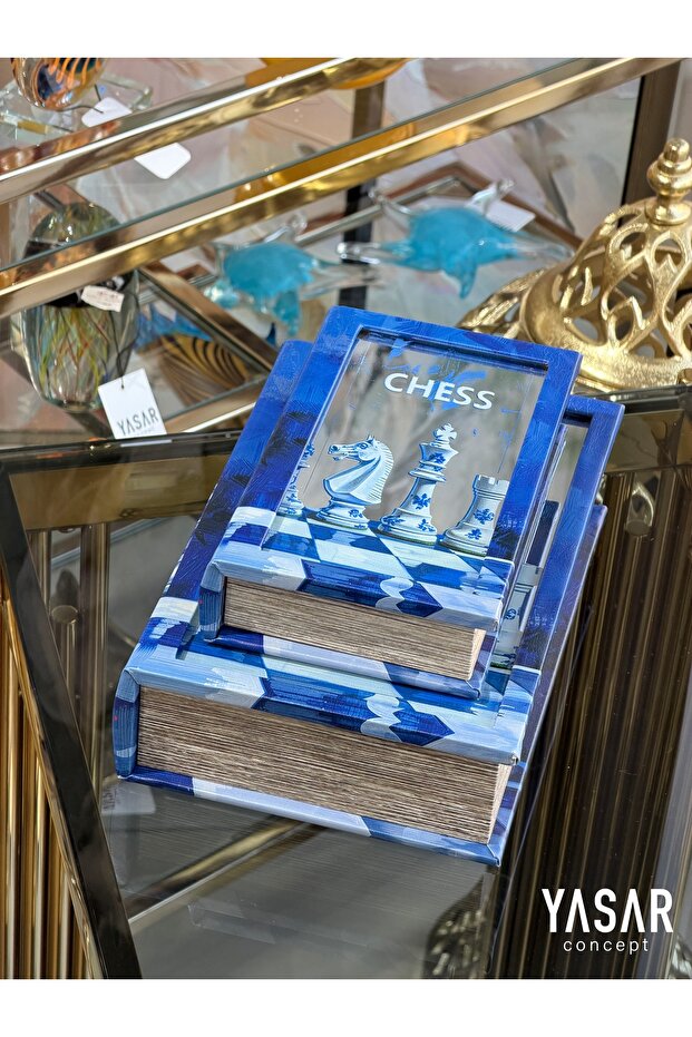 Blue Chess Mirrored Decorative Book Box Set