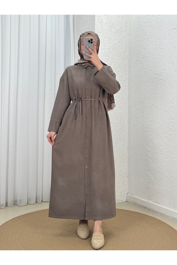 فستان ساديت بزر أمامي وربطة عنق - GS8358 مينك