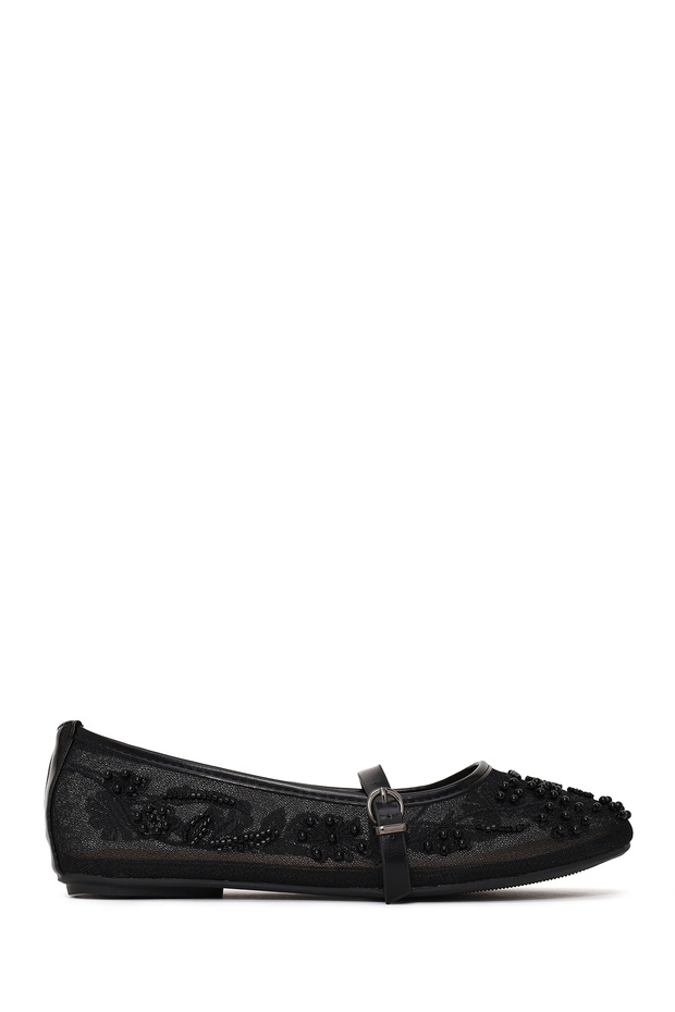 Women's Black Buckle Stoned Fabric Ballerinas 26Pfe45176F