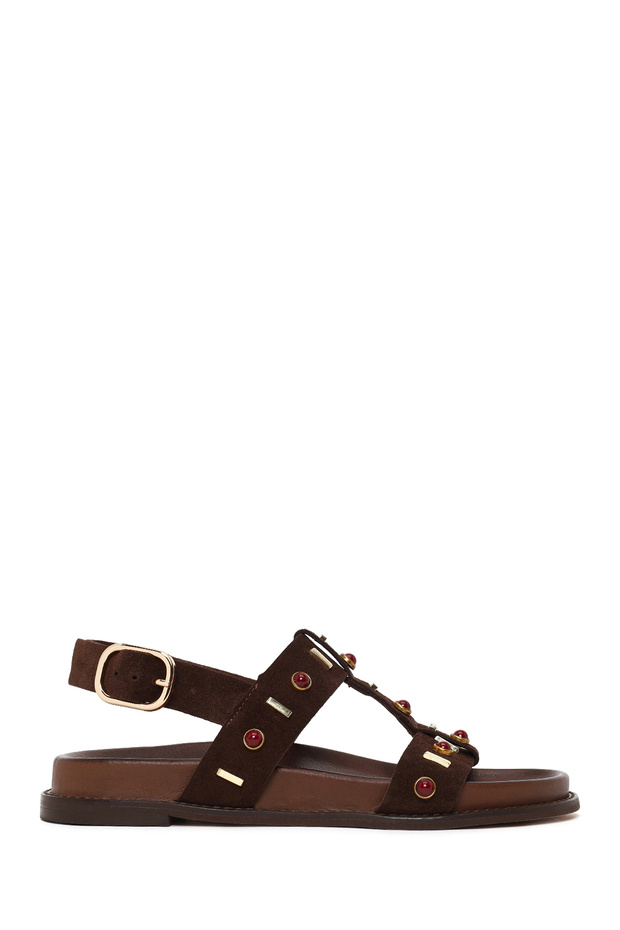 Women's Brown Stone Suede Leather Sandals 26Sfd550110