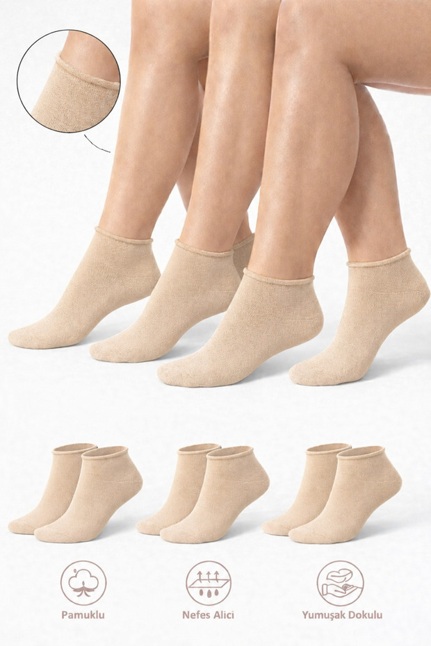 Cotton Women's Non-Elastic Ecru Short Socks Stitch-Free Premium Socks 3-Piece / Non-Marking / Non-Tightening Socks