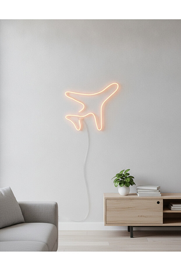Uçak Figürlü LED Neon Duvar Tablosu | Amber Aydınlatmalı Modern Dekor | Çocuk Genç Odası - 3